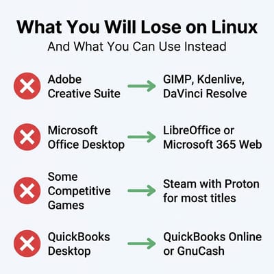 Infographic showing four software categories you lose on Linux and their alternatives: Adobe Creative Suite to GIMP, Kdenlive, and DaVinci Resolve; Microsoft Office Desktop to LibreOffice or Microsoft 365 Web; Some Competitive Games to Steam with Proton; QuickBooks Desktop to QuickBooks Online or GnuCash