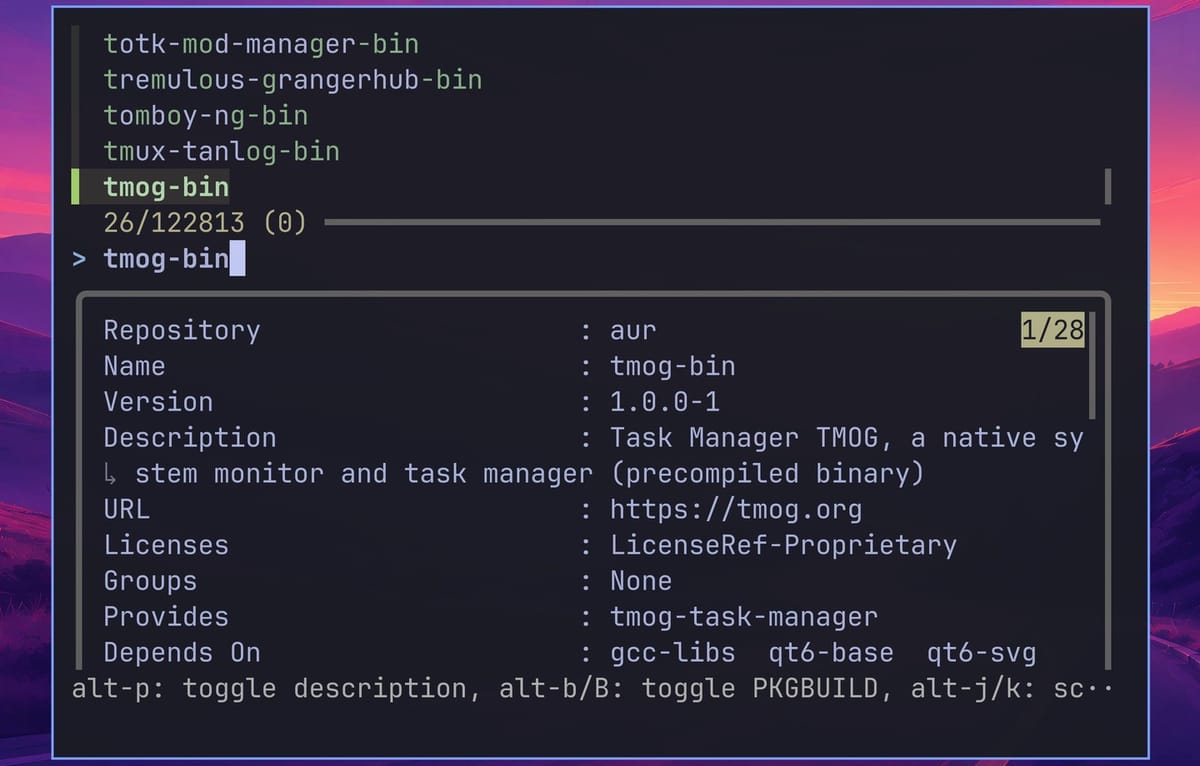 The Omarchy Install AUR list filtered to tmog-bin, with a preview showing version 1.0.0-1, the URL tmog.org, the license LicenseRef-Proprietary, and the dependencies gcc-libs, qt6-base, and qt6-svg