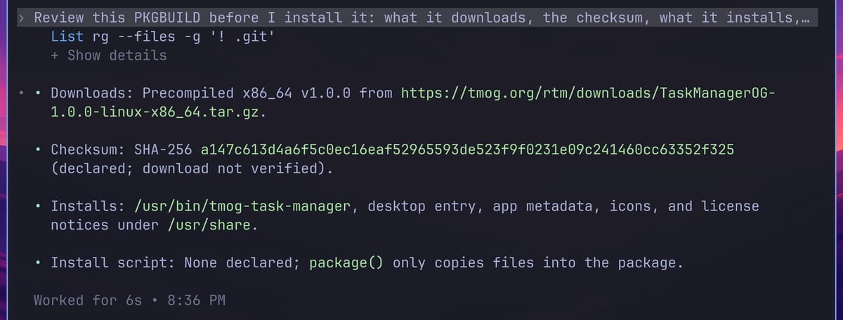 Codex answering that the PKGBUILD downloads the precompiled TMOG 1.0.0 archive from tmog.org, declares a SHA-256 checksum, installs the program, desktop entry, icons and license files, and has no install script