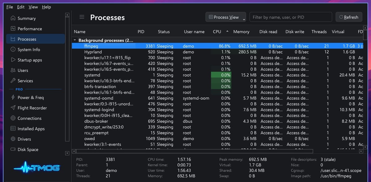 The TMOG process list sorted by CPU with ffmpeg selected at 86.8 percent, and the detail panel below showing its CPU time, peak memory, and image path /usr/bin/ffmpeg
