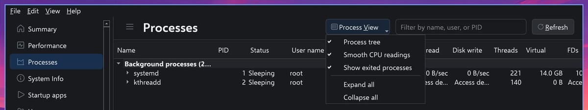 The TMOG Processes page with the Process View menu open, showing Process tree, Smooth CPU readings, and Show exited processes checked, plus Expand all and Collapse all