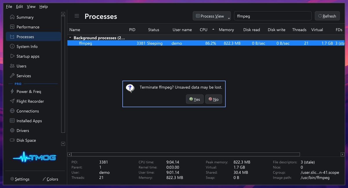 TMOG asking Terminate ffmpeg? Unsaved data may be lost, with Yes and No buttons, over a process list filtered to ffmpeg