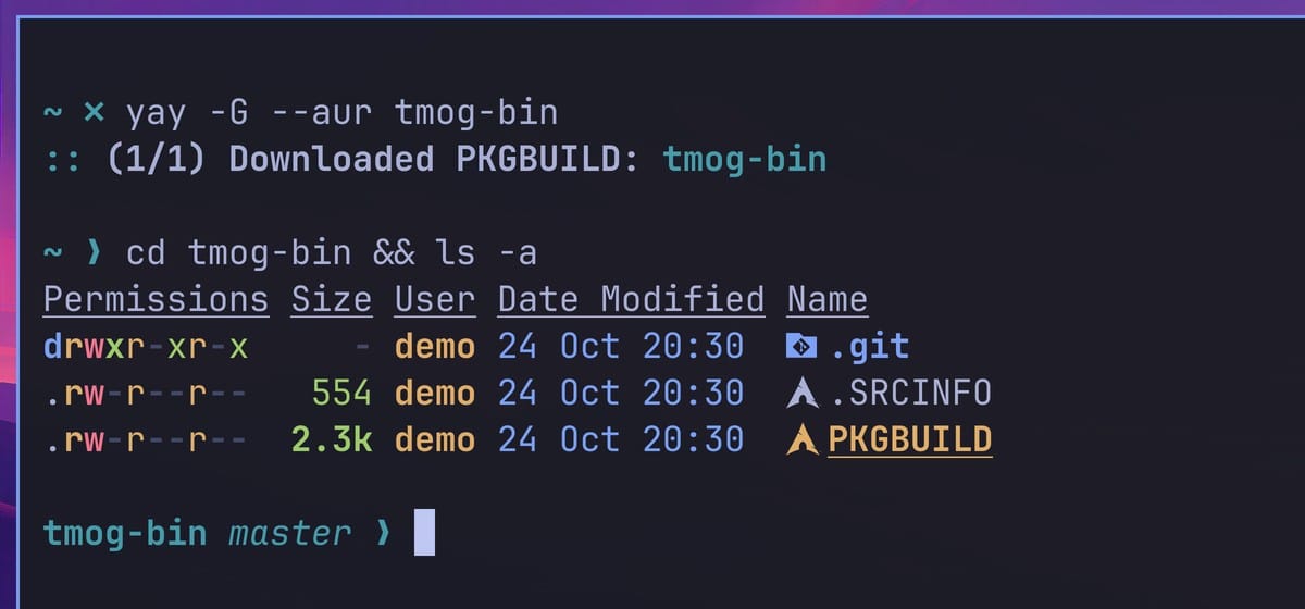 Terminal output of yay -G --aur tmog-bin and ls -a, listing .git, .SRCINFO, and PKGBUILD