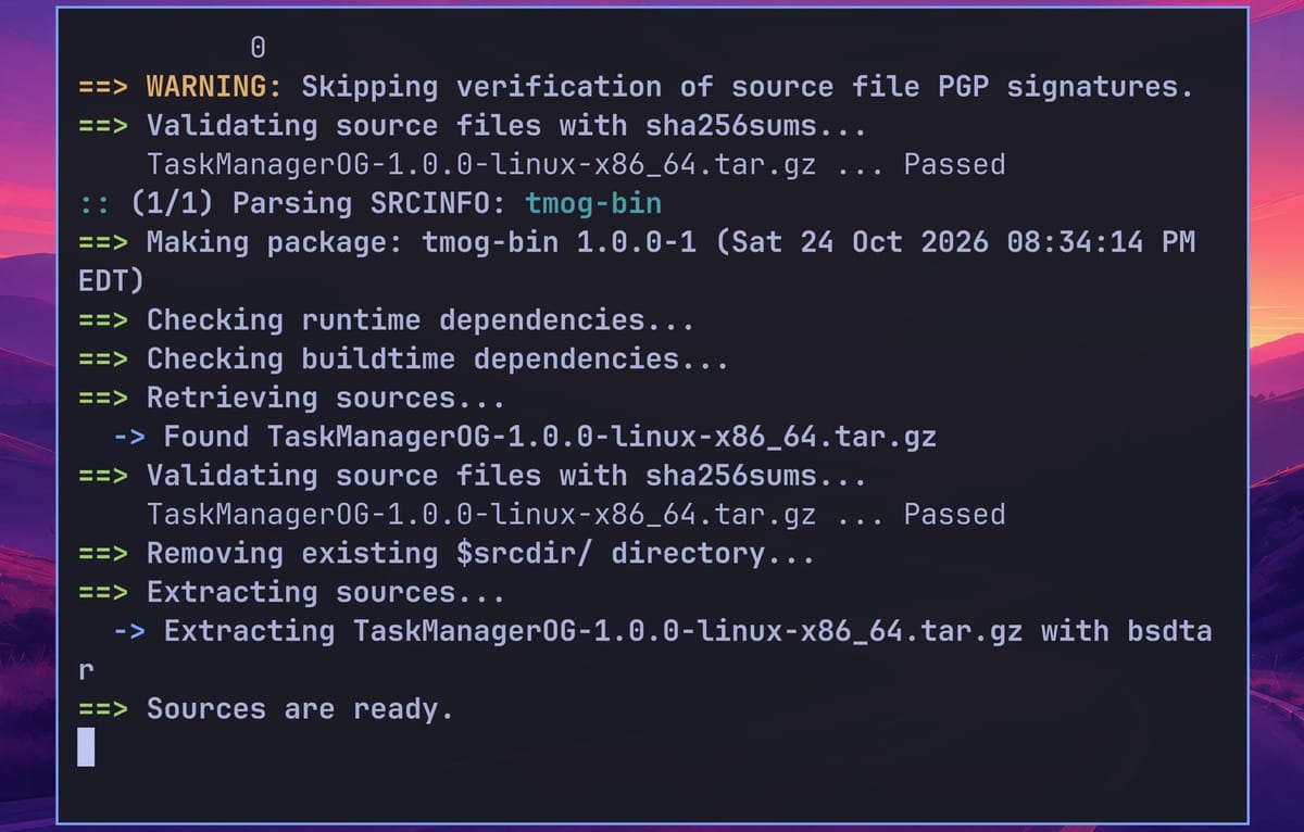 yay validating TaskManagerOG-1.0.0-linux-x86_64.tar.gz with sha256sums, Passed, then making the tmog-bin 1.0.0-1 package
