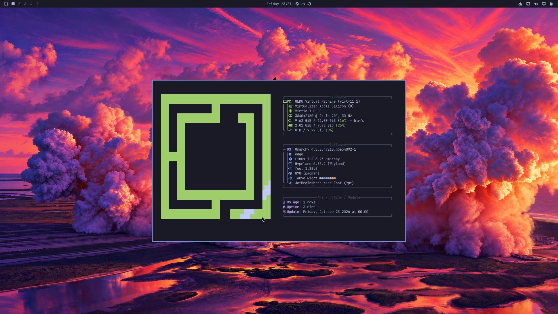 The Omarchy About window on the Tokyo Night desktop, listing QEMU Virtual Machine, Virtualized Apple Silicon (8), 3840x2160 at 2x, Omarchy 4.0.0 on the edge channel, and Hyprland 0.56.2
