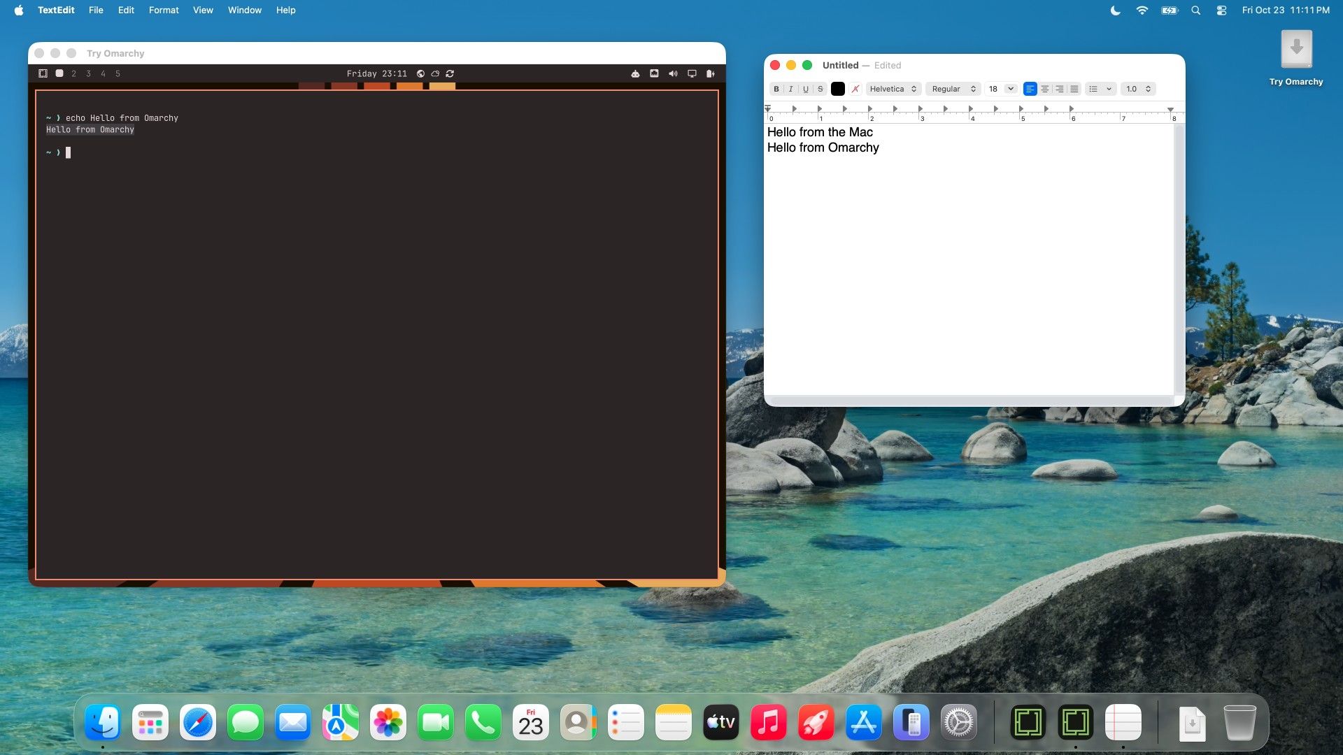 Omarchy in a Mac window with a terminal that printed Hello from Omarchy, beside a TextEdit window holding the lines Hello from the Mac and Hello from Omarchy