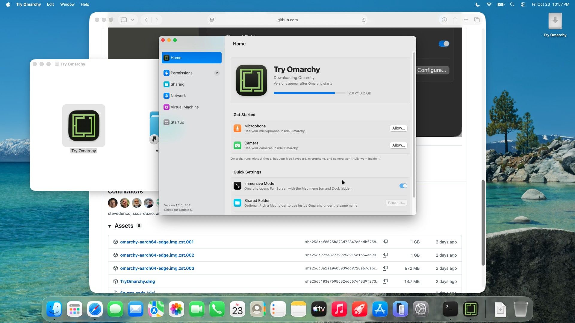 The Try Omarchy launcher Home pane during the first launch, showing Downloading Omarchy with a progress bar at 2.8 of 3.2 GB