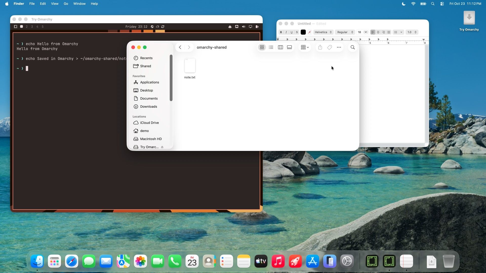A Finder window on the Mac open at the omarchy-shared folder showing note.txt, in front of the Omarchy window whose terminal ran echo Saved in Omarchy into ~/omarchy-shared/note.txt