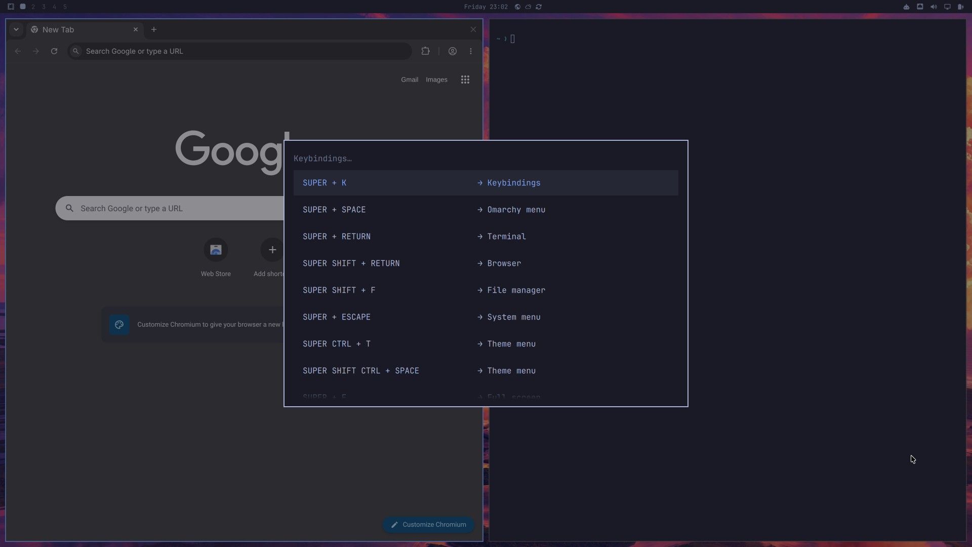 The Omarchy keybindings list over a browser and terminal, showing SUPER + K Keybindings, SUPER + SPACE Omarchy menu, SUPER + RETURN Terminal, SUPER SHIFT + RETURN Browser, SUPER SHIFT + F File manager, SUPER + ESCAPE System menu, and the theme menu keys