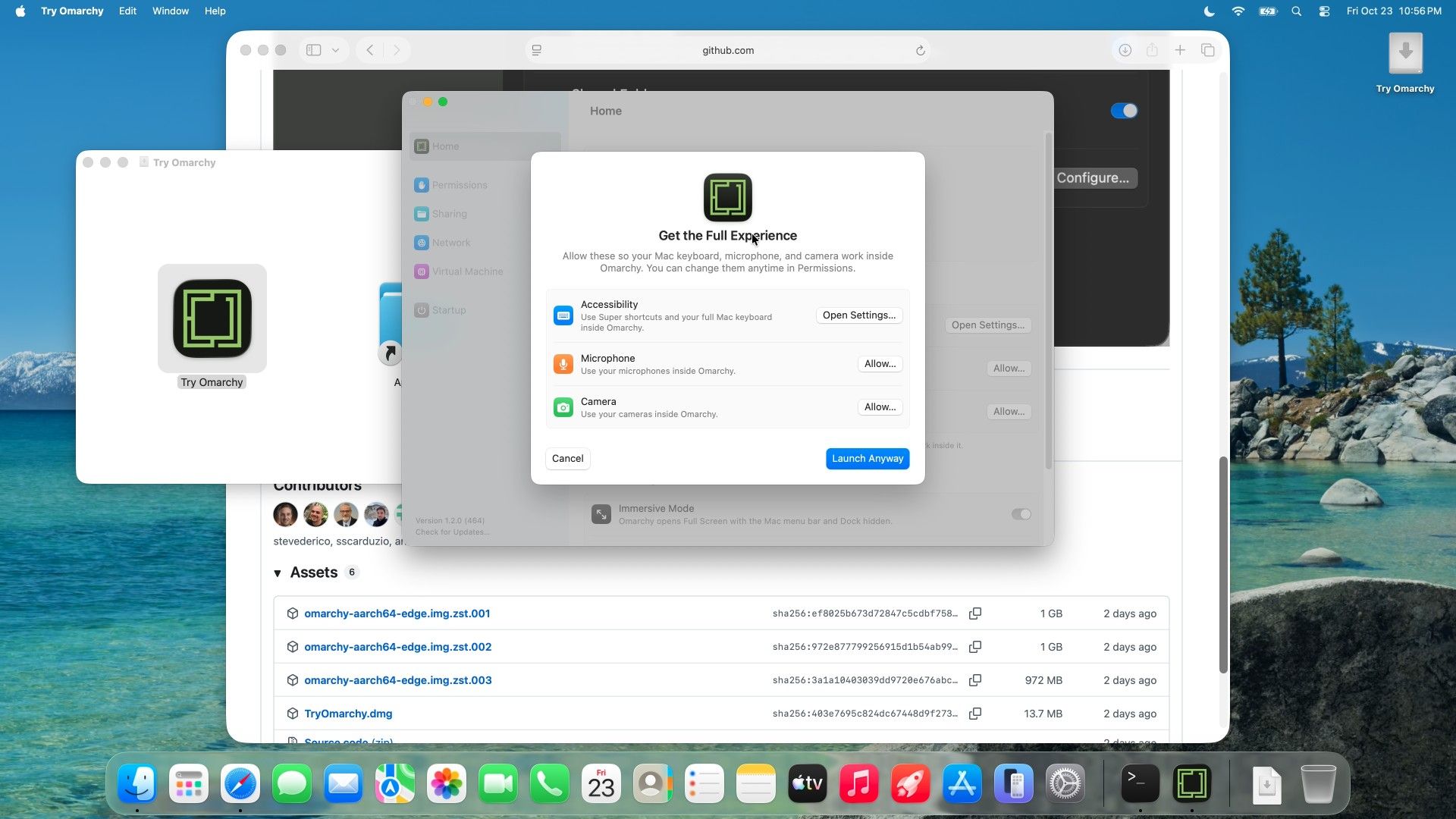 The Get the Full Experience sheet in the Try Omarchy launcher, listing Accessibility with an Open Settings button, Microphone and Camera with Allow buttons, and Cancel and Launch Anyway buttons