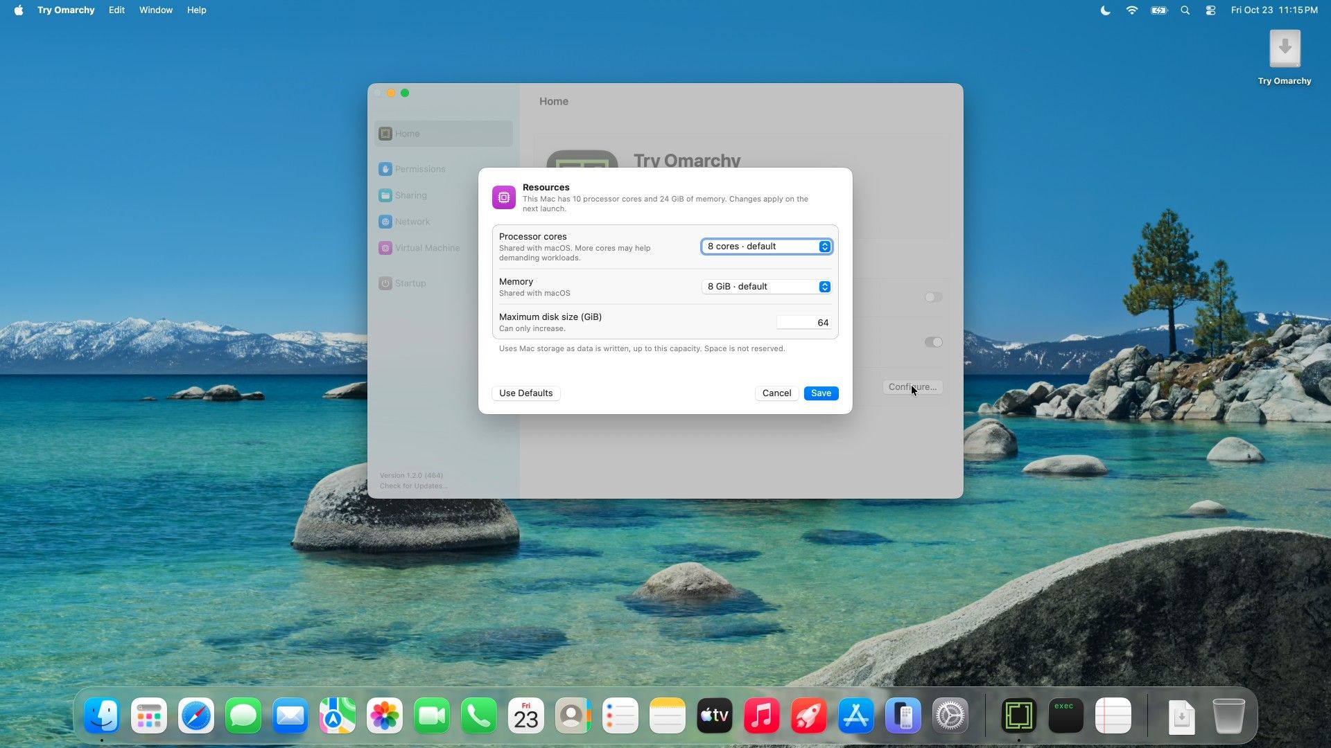 The Try Omarchy Resources sheet with Processor cores 8 cores default, Memory 8 GiB default shared with macOS, and Maximum disk size 64 GiB that can only increase, with Use Defaults, Cancel, and Save buttons