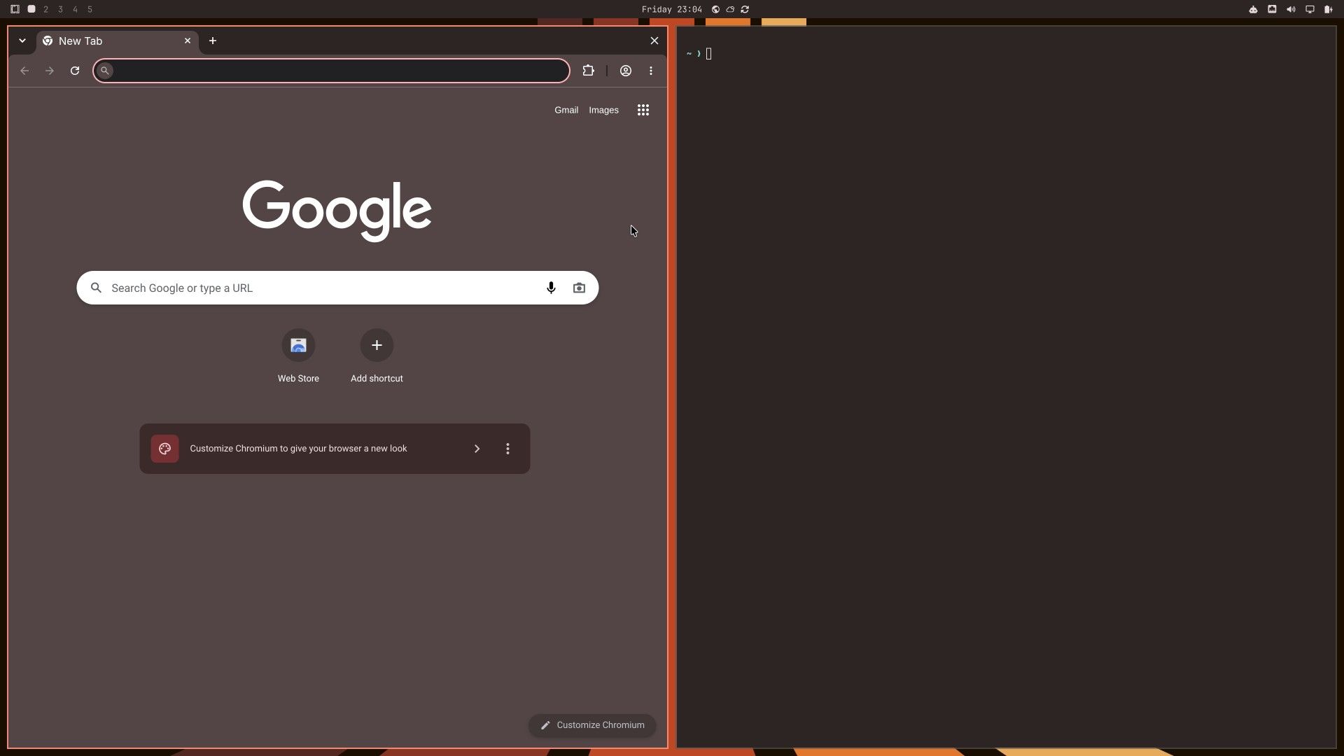 Omarchy with the Ristretto theme, a Chromium window and a terminal tiled side by side in warm brown tones with orange window borders