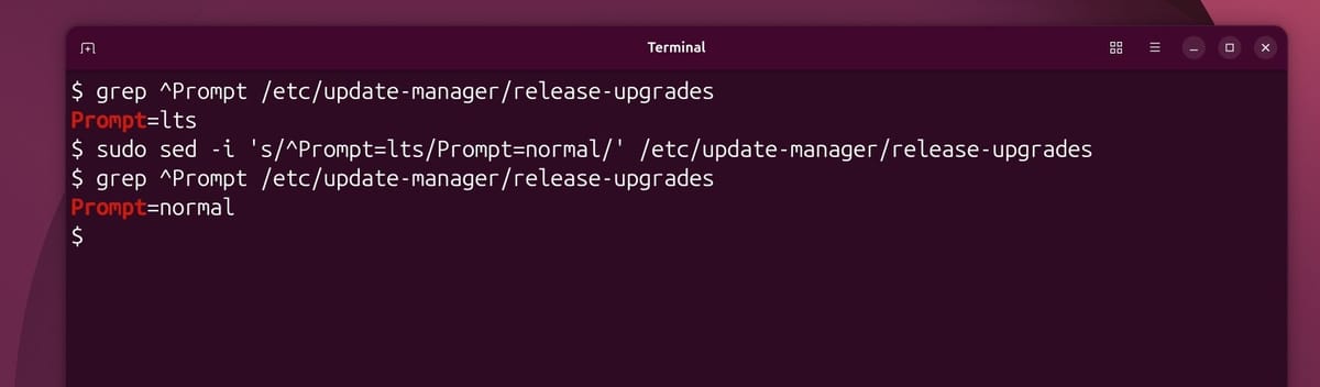 A terminal on Ubuntu 26.04 showing the grep command printing Prompt=lts, the sudo sed command, and the second grep printing Prompt=normal