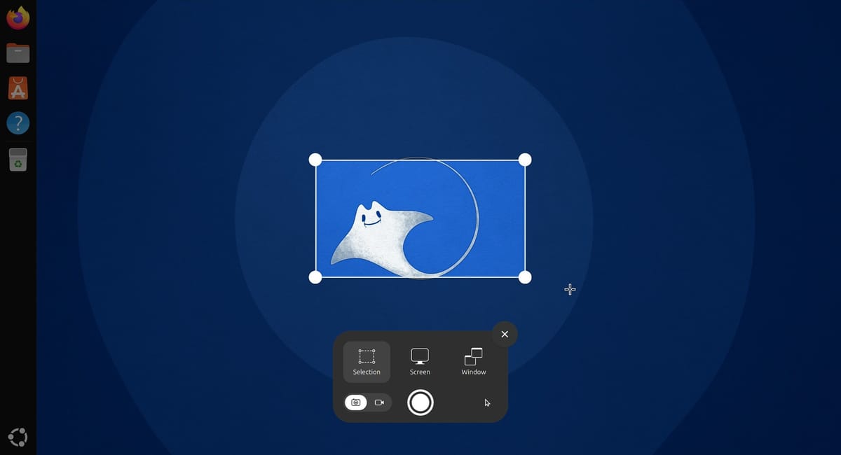 The GNOME 51 screenshot tool in Ubuntu 26.10 with a selected area outlined by four round handles and the toolbar showing Selection, Screen, and Window
