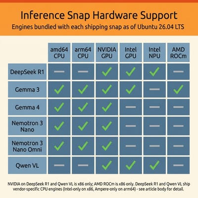 Hardware support matrix showing which models support NVIDIA CUDA, Intel GPU, Intel NPU, AMD ROCm, and CPU fallback