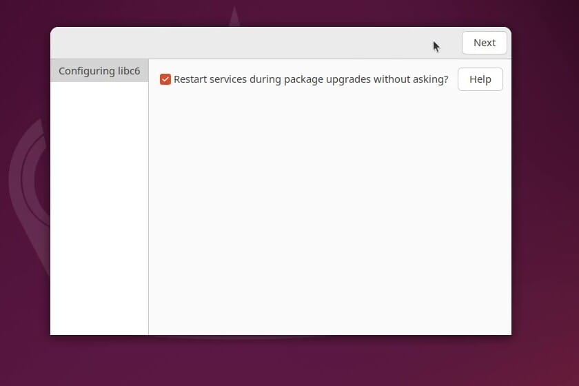 The Configuring libc6 window with the box ticked for Restart services during package upgrades without asking, and Help and Next buttons