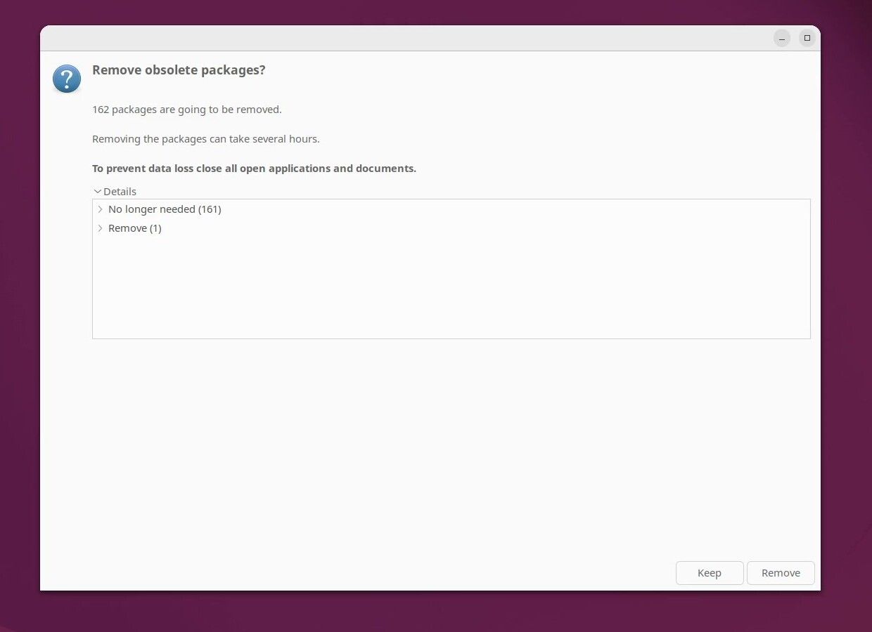 The Remove obsolete packages dialog, saying 162 packages are going to be removed, with Details expanded and Keep and Remove buttons