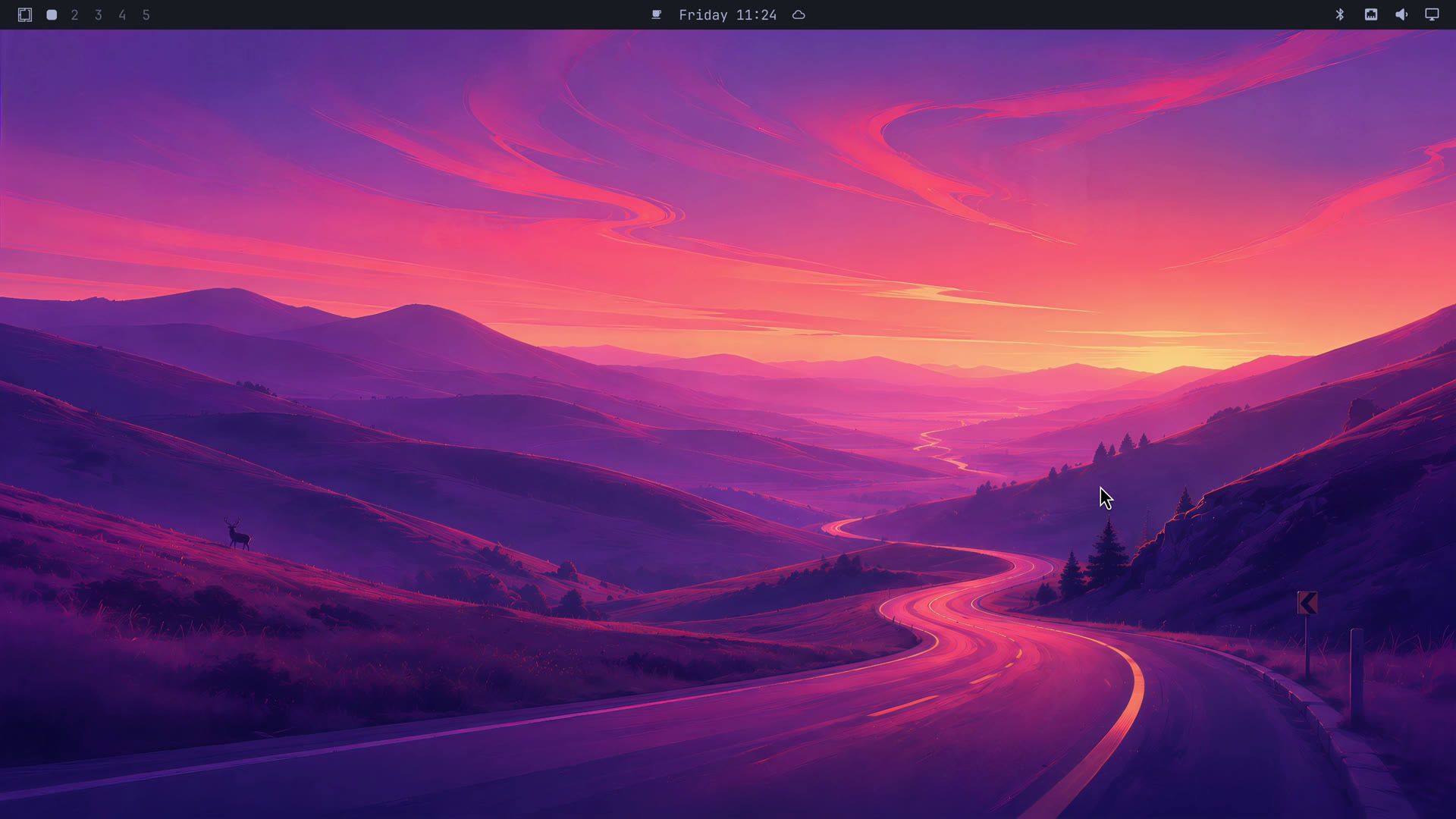 An Omarchy desktop with a purple sunset wallpaper and the thin Quickshell bar across the top, showing workspace numbers on the left, the day and time in the middle, and status icons on the right