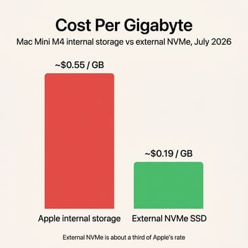 Chart comparing cost per gigabyte: Apple internal storage around $0.55 per GB versus external NVMe SSD around $0.19 per GB