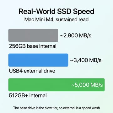 Read-speed comparison bars: 256GB base internal around 2,900 MB/s, USB4 external drive around 3,400 MB/s, 512GB-plus internal around 5,000 MB/s