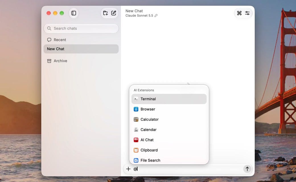 The AI Extensions list in Raycast AI Chat after typing the at sign, showing Terminal, Browser, Calculator, Calendar, AI Chat, Clipboard and File Search
