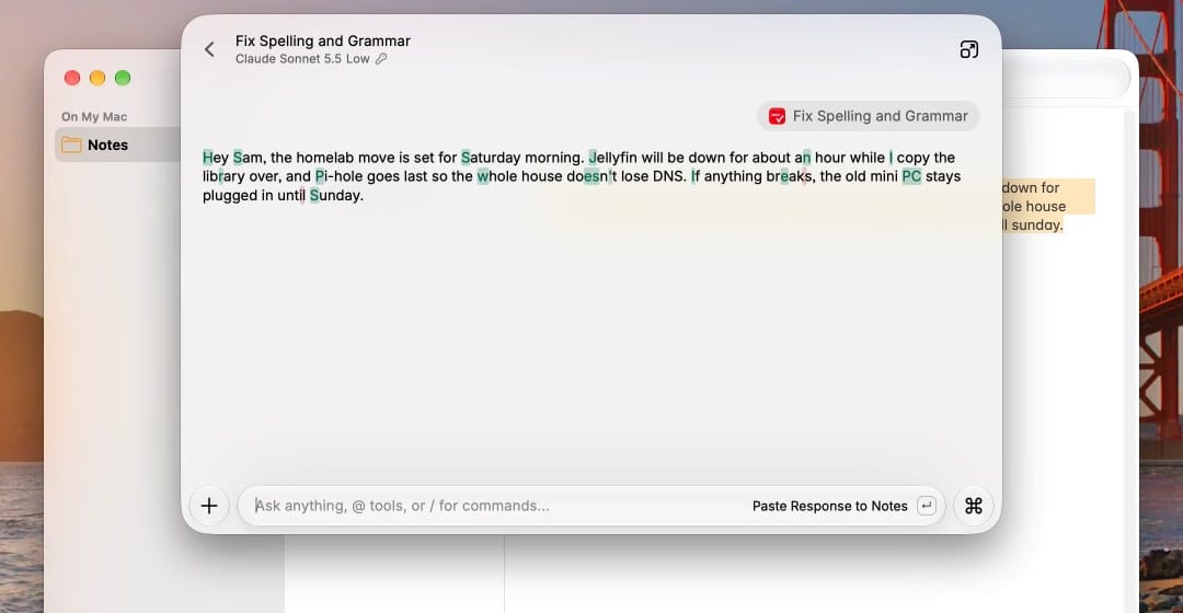 The Fix Spelling and Grammar result window over Apple Notes, running on a Claude Sonnet model with the key icon, with each corrected letter and word marked in green and a Paste Response to Notes action in the message field