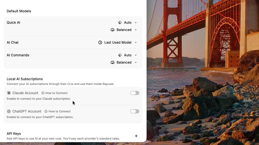 Raycast Settings, Models and Providers, showing Default Models for Quick AI, AI Chat and AI Commands, Local AI Subscriptions for Claude and ChatGPT accounts, and the API Keys section with a plus button and the note that you pay each provider's standard rates