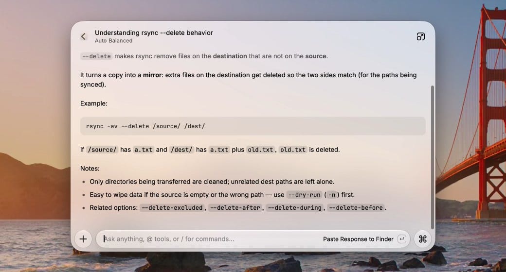 A Raycast Quick AI panel titled Understanding rsync --delete behavior, on the Auto Balanced model, explaining that --delete removes destination files that are not on the source, with an example command, notes, and a Paste Response to Finder action in the message field