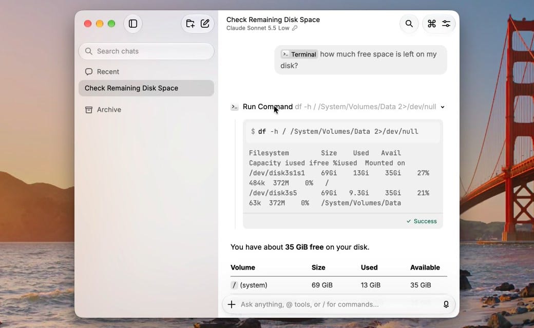 A Raycast AI Chat titled Check Remaining Disk Space with the Run Command row expanded, showing the df -h command, its output for two volumes, a green Success mark, and the answer that about 35 GiB is free