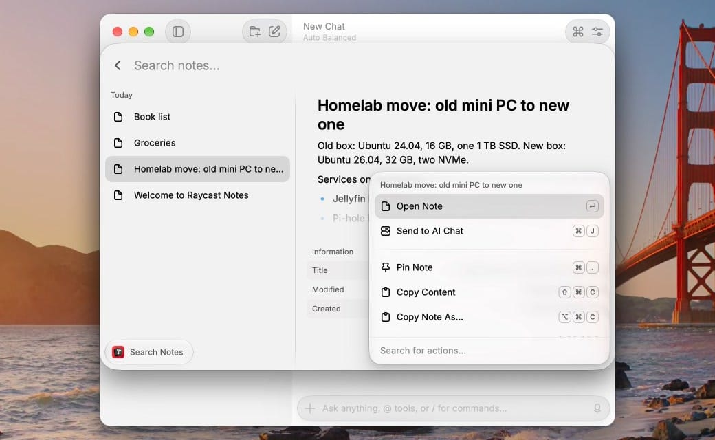 Raycast Search Notes with a note titled Homelab move: old mini PC to new one selected, and its Action Panel listing Open Note, Send to AI Chat with Command J, Pin Note, Copy Content and Copy Note As
