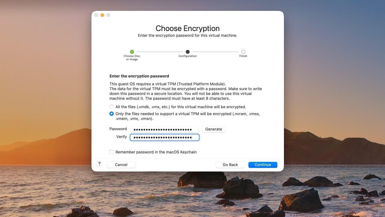 VMware Fusion's Choose Encryption page with Only the files needed to support a virtual TPM will be encrypted selected, password and verify fields, and the Keychain checkbox
