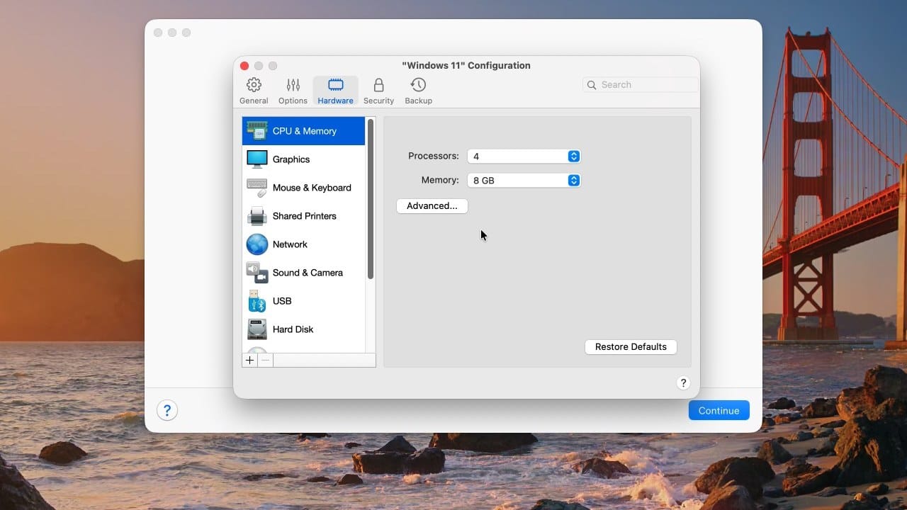 Parallels Desktop's Windows 11 Configuration window on the Hardware tab, CPU and Memory pane, with Processors set to 4 and Memory set to 8 GB