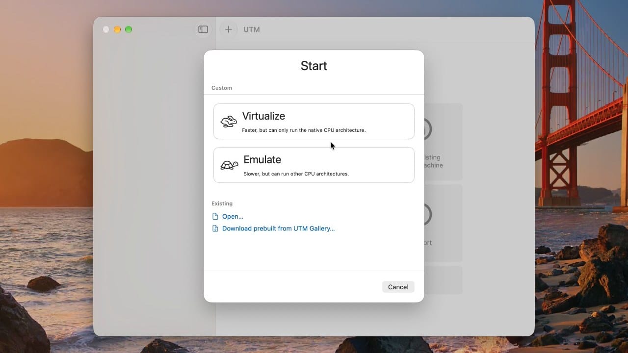 UTM's Start sheet with two choices, Virtualize (faster, native CPU only) and Emulate (slower, other CPU architectures)