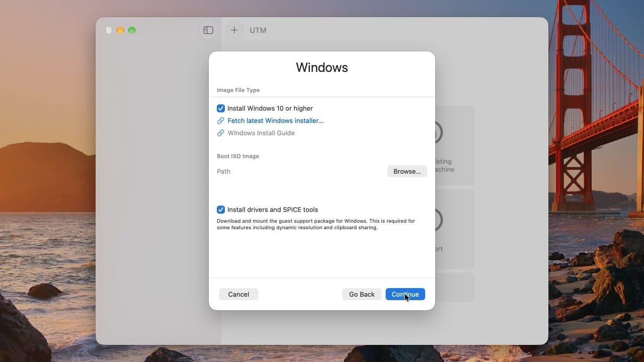 UTM's Windows page with Install Windows 10 or higher ticked, the Fetch latest Windows installer link, a Browse button for the ISO, and Install drivers and SPICE tools ticked