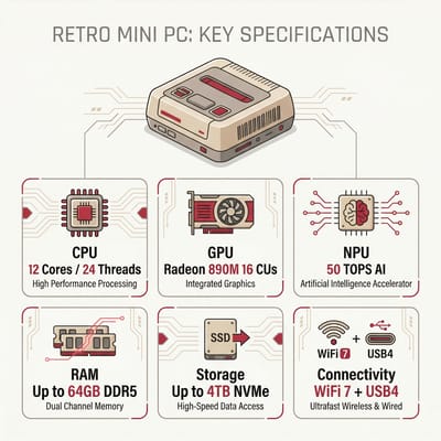 Acemagic Retro X5 key specifications: Ryzen AI 9 HX 470, Radeon 890M, up to 64GB DDR5, WiFi 7