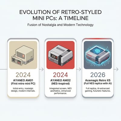 Timeline of retro-styled mini PCs from AYANEO AM01 to Acemagic Retro X5
