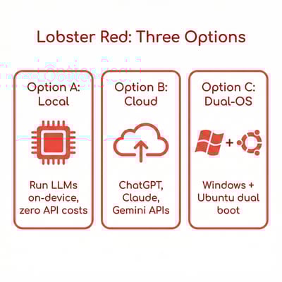 Beelink OpenClaw three-tier product lineup showing Option A (Local LLM), Option B (Cloud), and Option C (Dual-OS)