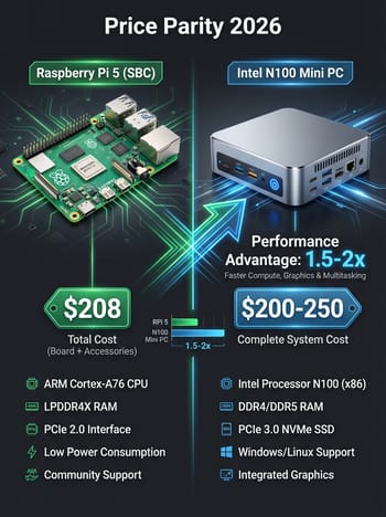 Raspberry Pi 5 vs Intel N100 price convergence comparison infographic