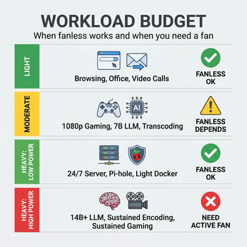 Workload budget framework: light, moderate, heavy-low-power, and heavy-high-power tiers mapped to fanless and actively-cooled mini PCs