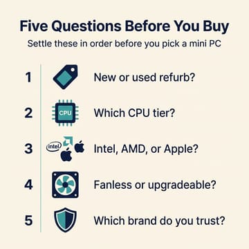 Infographic titled Five Questions Before You Buy, listing in order: new or used refurb, which CPU tier, Intel AMD or Apple, fanless or upgradeable, which brand do you trust