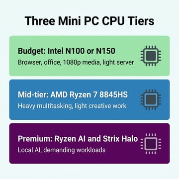 Infographic showing three mini PC CPU tiers: budget Intel N100 or N150, mid-tier AMD Ryzen 7 8845HS, and premium Ryzen AI and Strix Halo