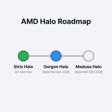 AMD Halo roadmap timeline: Strix Halo on sale now, Gorgon Halo reported for late 2026, Medusa Halo reported for CES 2028