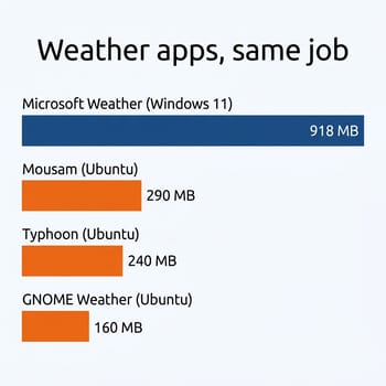 Chart comparing weather app memory use: Microsoft Weather 918MB on Windows 11 versus Mousam 290MB, Typhoon 240MB and GNOME Weather 160MB on Ubuntu