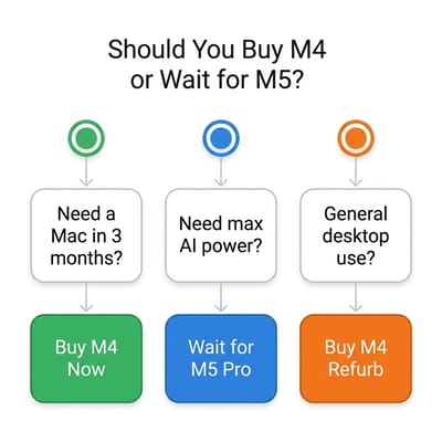 Decision flowchart: Need a Mac Mini in the next 3 months leads to Buy M4 now; Current machine works fine and need max AI performance leads to Wait for M5 Pro; General desktop use leads to Buy M4 at refurb price
