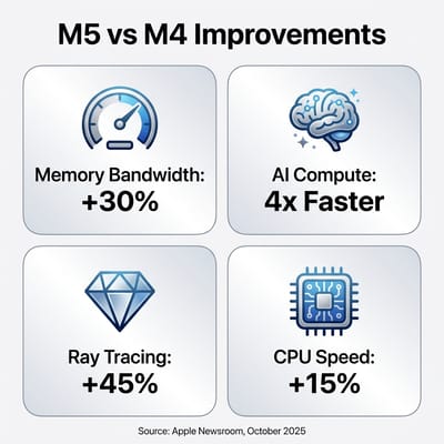Infographic showing M5 improvements over M4: 30 percent more memory bandwidth, 4x AI GPU compute, 45 percent faster ray tracing, up to 15 percent faster CPU