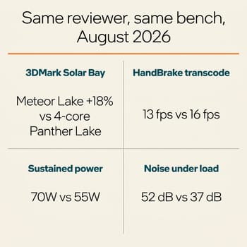 Four measured comparisons from Tom's Hardware: 3DMark Solar Bay puts Meteor Lake 18% ahead of the four-core Panther Lake part, HandBrake transcode 13 fps versus 16 fps, sustained power 70W versus 55W, and noise under load 52 dB versus 37 dB
