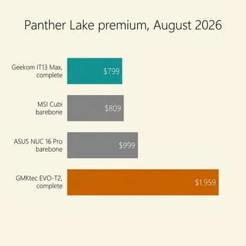 Bar chart of August 2026 list prices: Geekom IT13 Max complete $799, MSI Cubi barebone $809, ASUS NUC 16 Pro barebone $999, GMKtec EVO-T2 complete $1,959