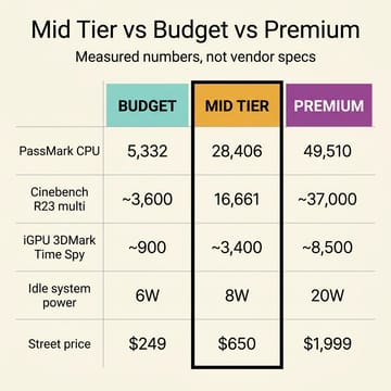 A three-column infographic comparing measured benchmarks (PassMark, Cinebench R23 multi, 3DMark Time Spy iGPU, idle system power, street price) across budget, mid tier, and premium mini PC categories, with the mid tier column highlighted