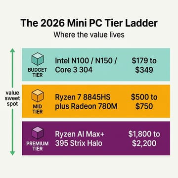 A tier-ladder infographic showing the budget tier ($179 to $349, Intel N100 / N150 / Core 3 304), mid tier ($500 to $750, Ryzen 7 8845HS plus Radeon 780M), and premium tier ($1,800 to $2,200, Ryzen AI Max+ 395 Strix Halo), with a green sweet-spot arrow pointing at the mid tier