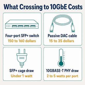 Infographic titled What Crossing to 10GbE Costs, with four cards: a four-port SFP+ switch at 150 to 160 dollars, a passive DAC cable at 15 to 35 dollars, SFP+ cage draw under 1 watt, and 10GBASE-T PHY draw at 2 to 5 watts per port